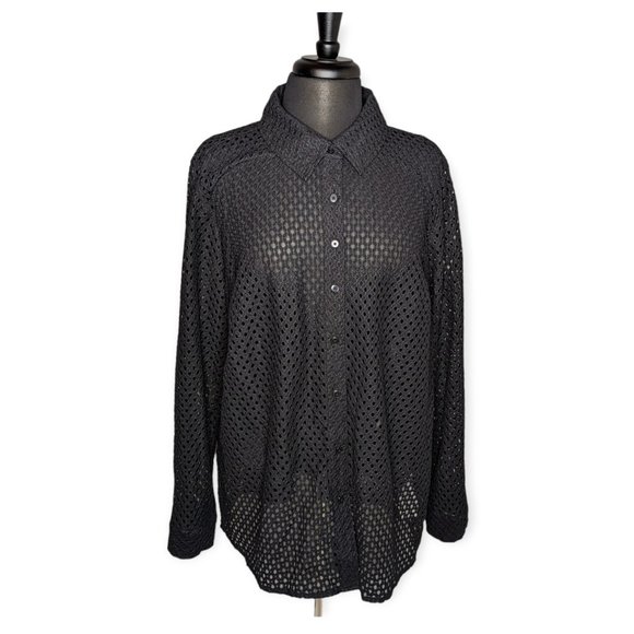 QVC Black Button Front Long Sleeve Top Size XL - Picture 1 of 14